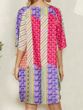 Women Abstract Colorblock Print Crew Neck Half Sleeve Ethnic Style Dress